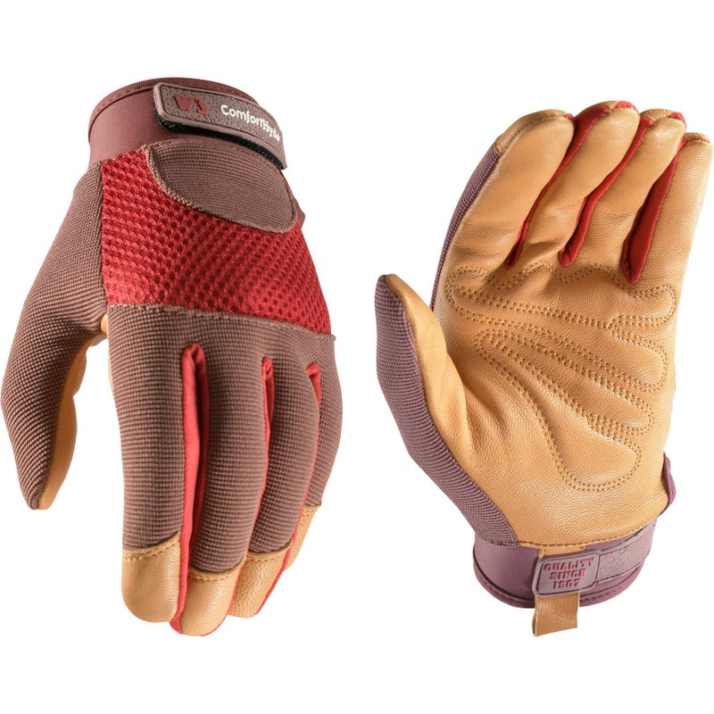 Wells Lamont Women's Breathable ComfortHyde Leather Hybrid Work Gardening Gloves, Large (7872L), Red - Image 1